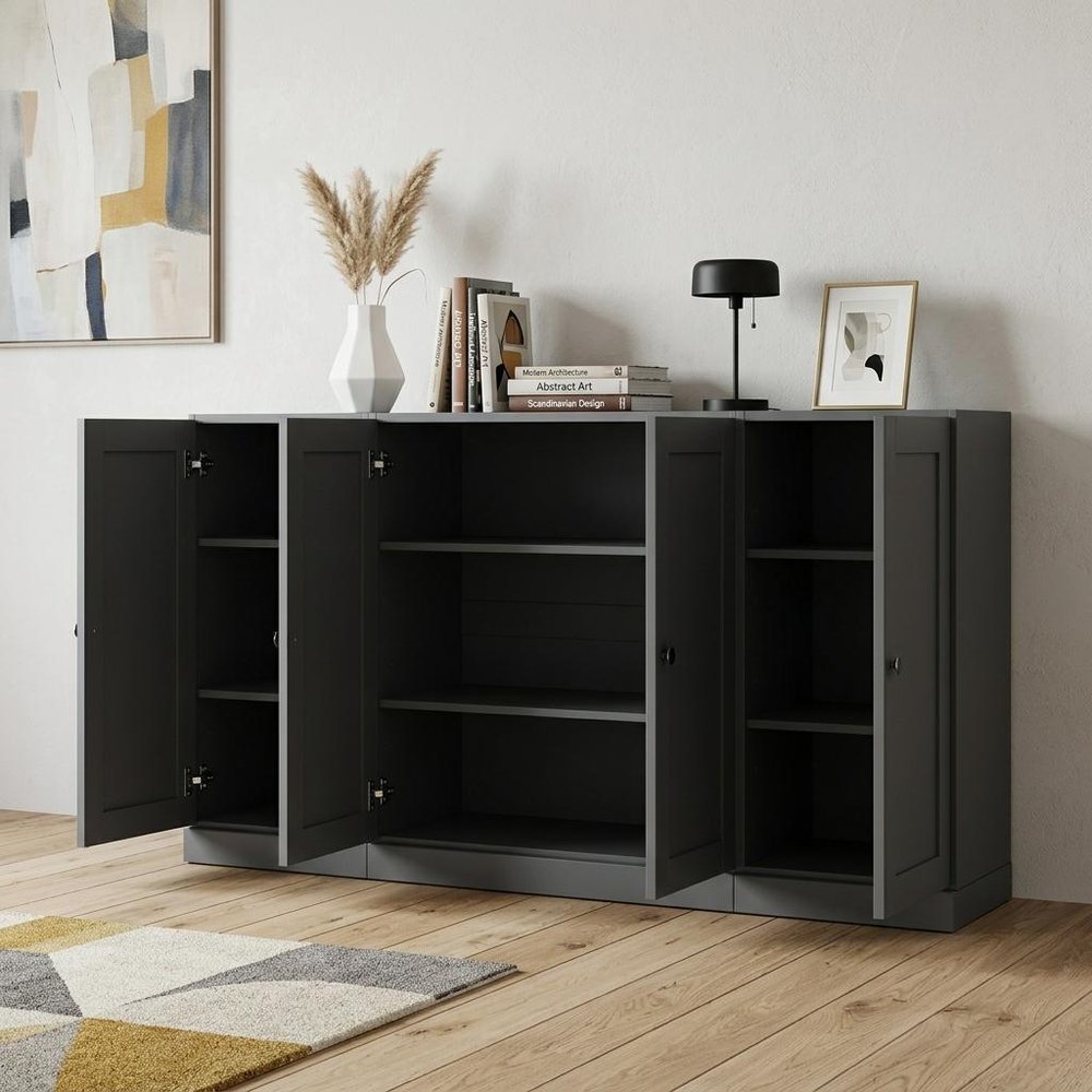 65" Gray Solid Wood Sideboard With Four Glass Doors HomeRoots