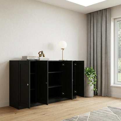 65" Black Solid Wood Sideboard With Four Glass Doors HomeRoots