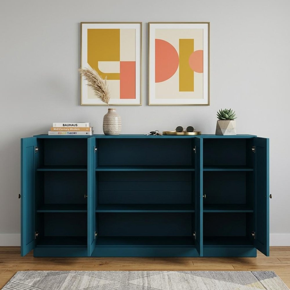 65" Teal Blue Solid Wood Sideboard With Four Glass Doors — view 4