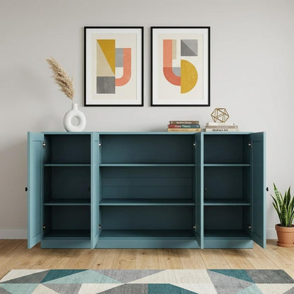 65" Aqua Solid Wood Sideboard With Four Glass Doors HomeRoots