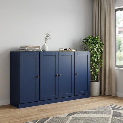 65" Navy Blue Solid Wood Sideboard With Four Glass Doors HomeRoots