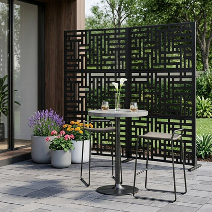Set Of Two Black Abstract Steel Six Panel Outdoor Privacy Screen HomeRoots