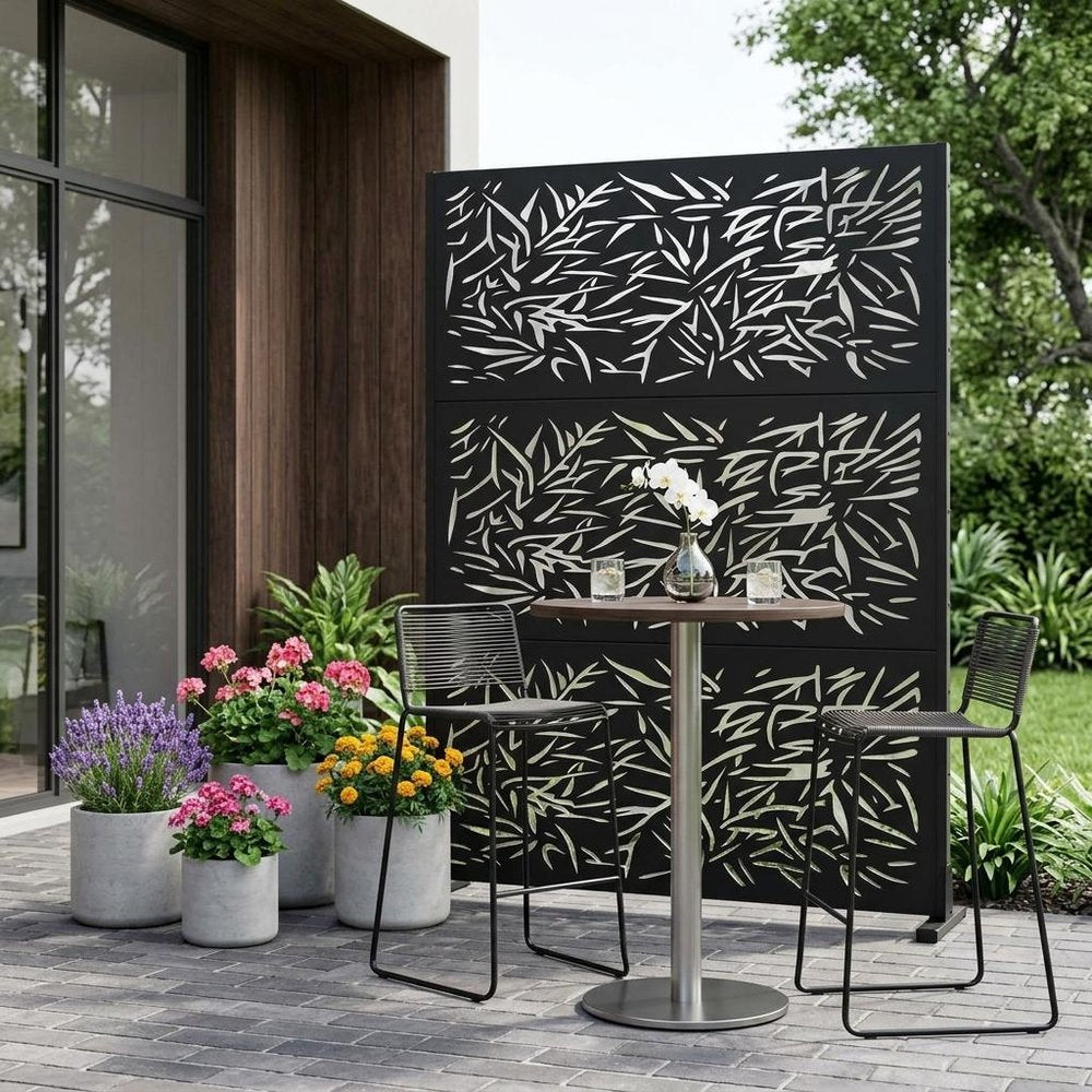 Set Of Two Black Abstract Steel Six Panel Outdoor Privacy Screen HomeRoots