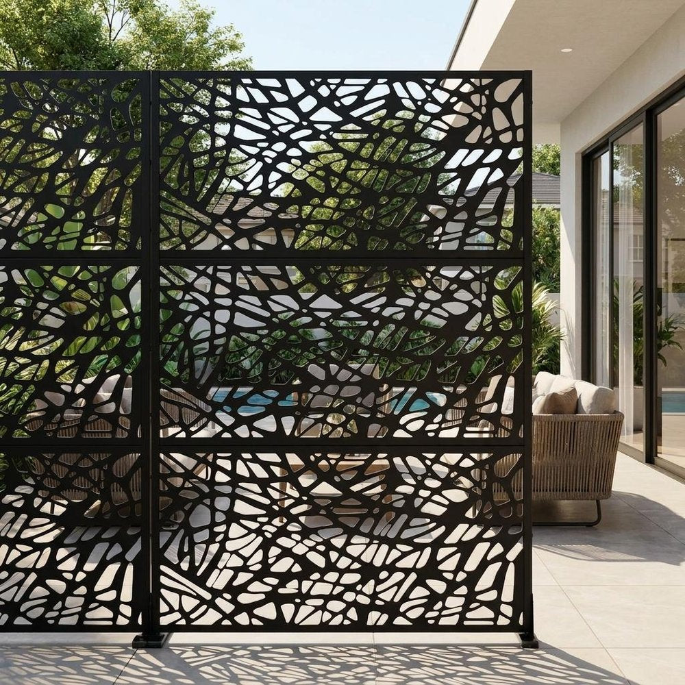Set Of Two Black Abstract Geometric Steel Six Panel Outdoor Privacy Screen — view 1