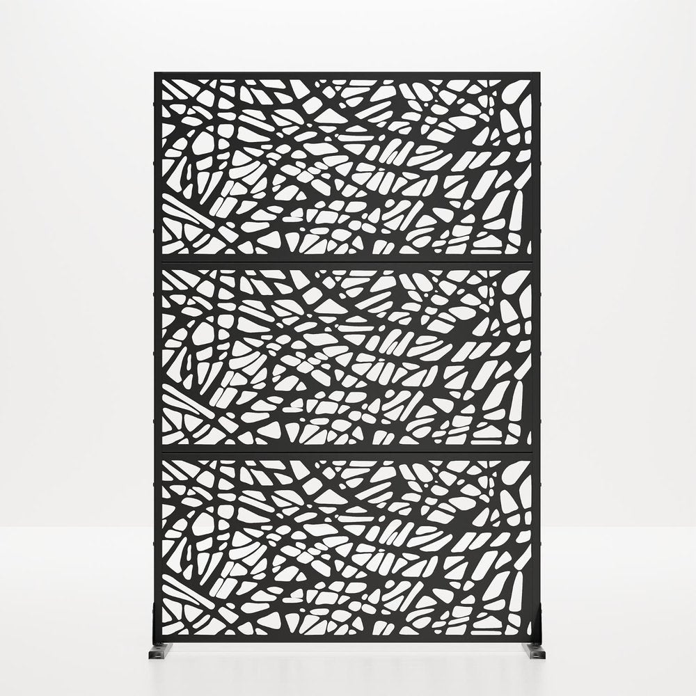 Set Of Two Black Abstract Geometric Steel Six Panel Outdoor Privacy Screen