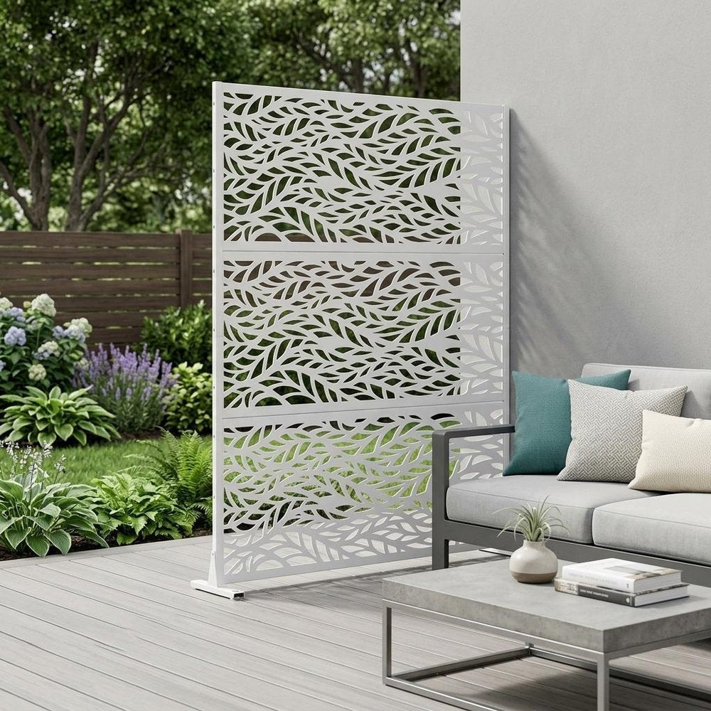 Set Of Two White Botanical Leaves Steel Six Panel Outdoor Privacy Screen HomeRoots