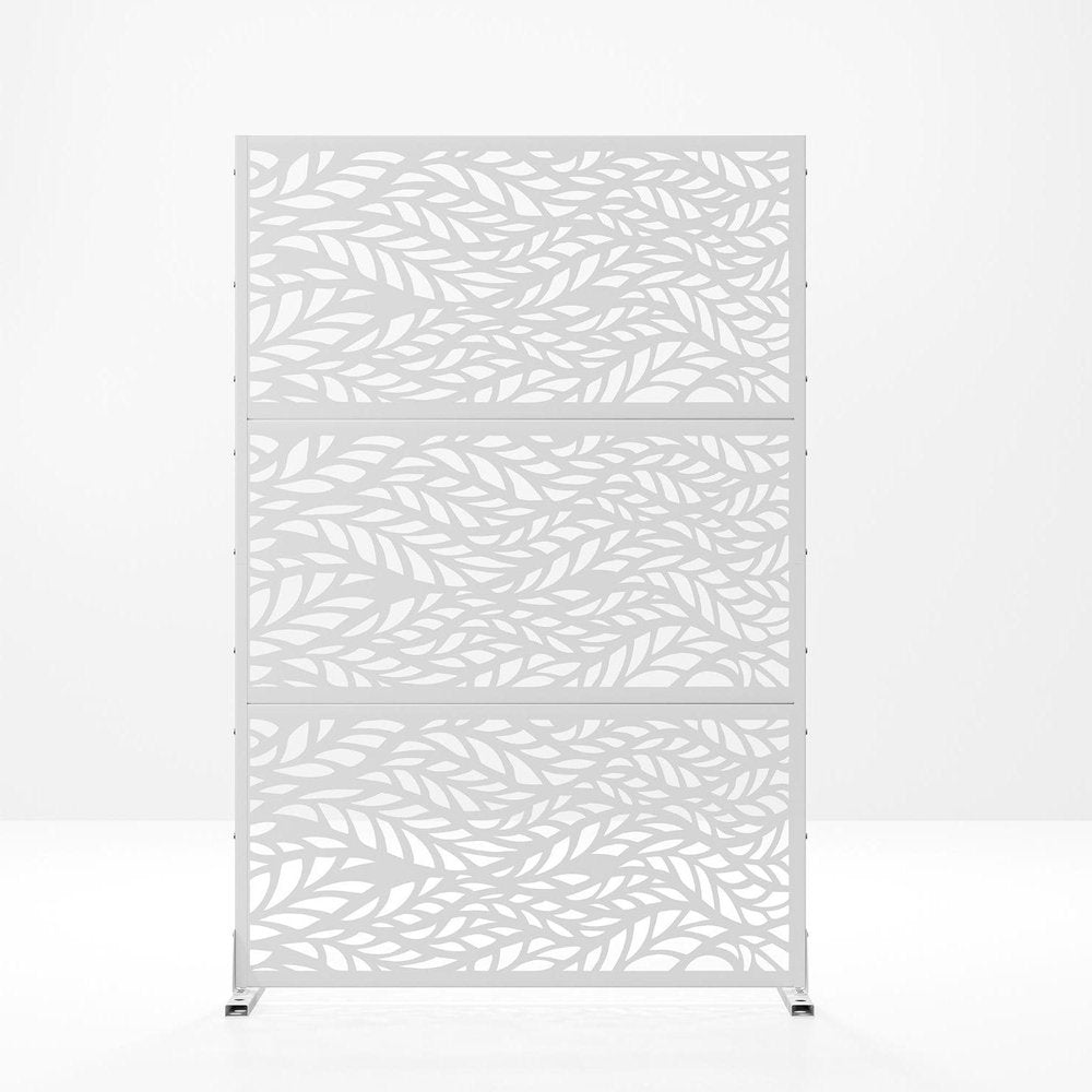 Set Of Two White Botanical Leaves Steel Six Panel Outdoor Privacy Screen