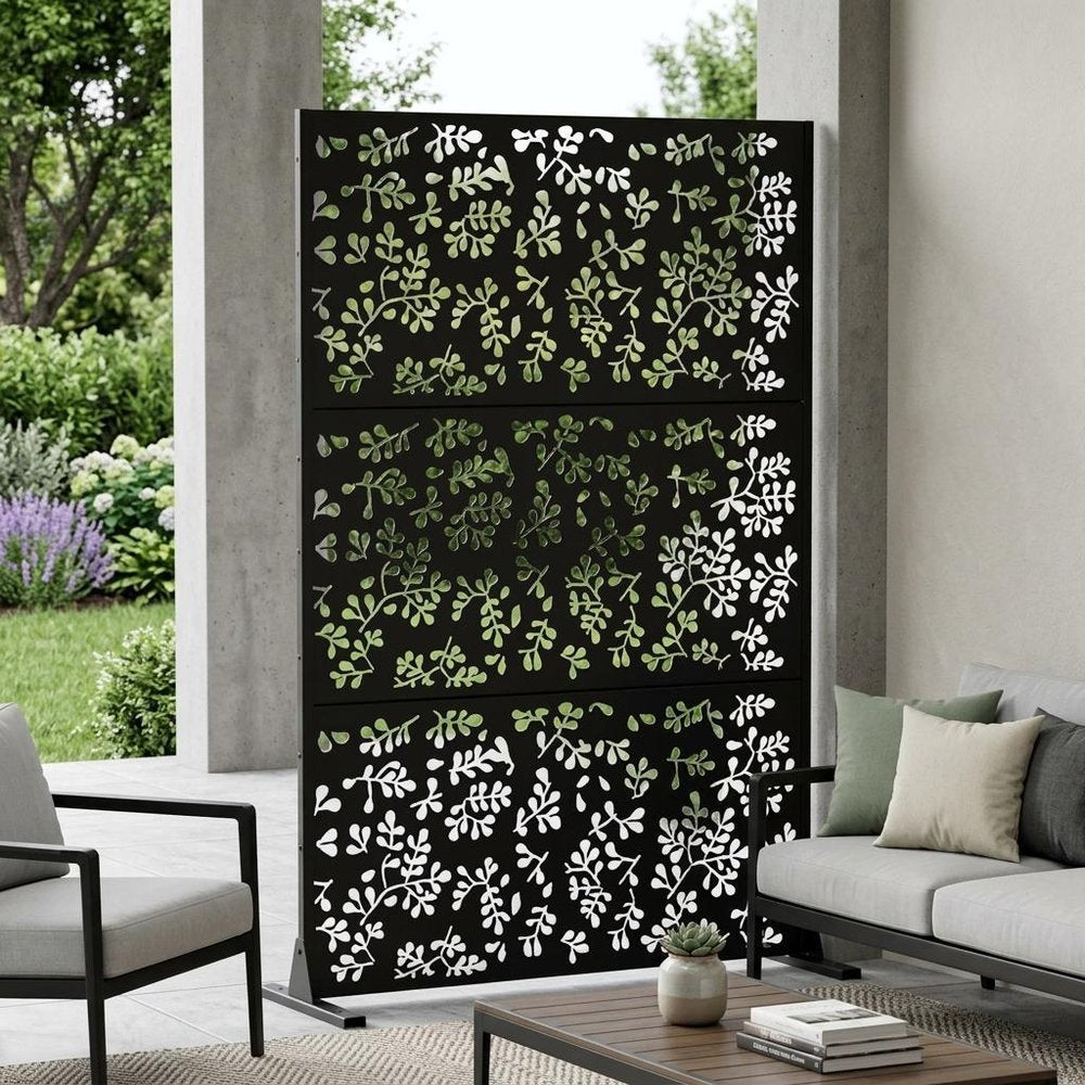 Set Of Two Black Floral Steel Six Panel Outdoor Privacy Screen HomeRoots