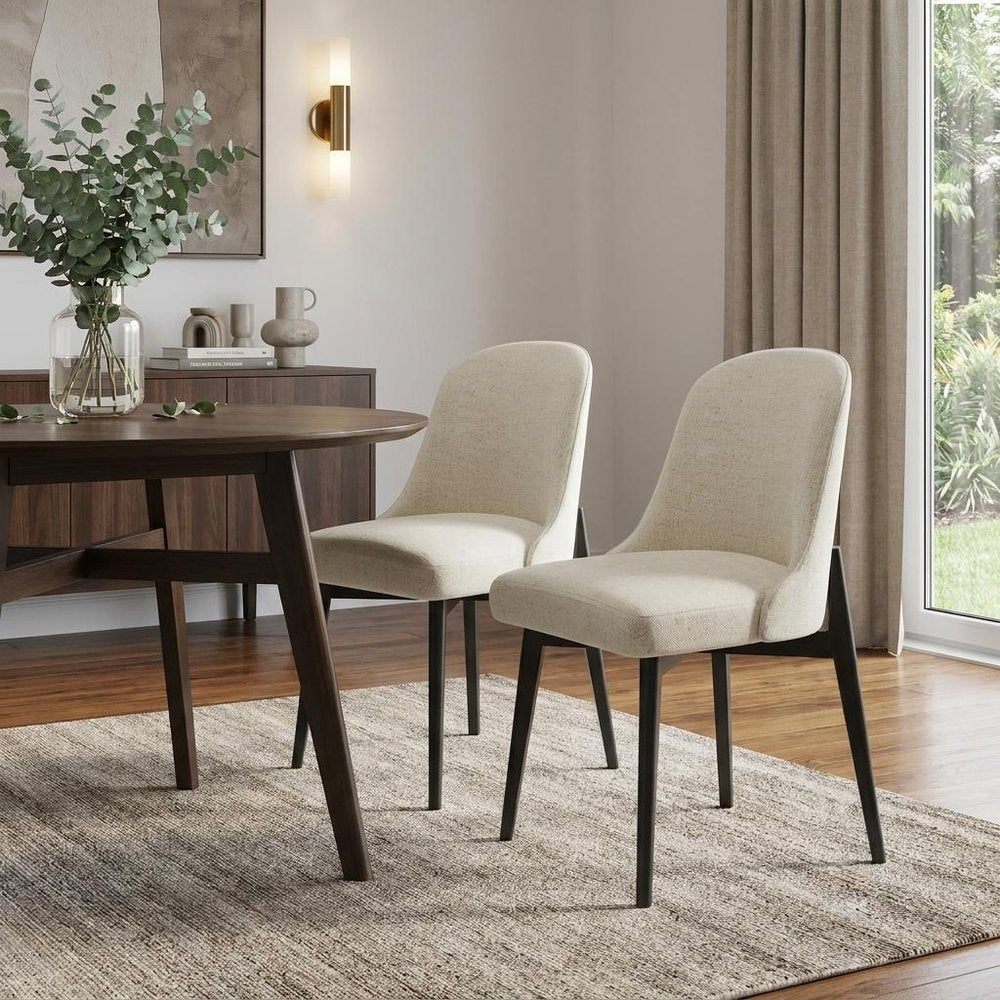 Set of Two White And Black Chenille And Wood Dining Side Chairs HomeRoots