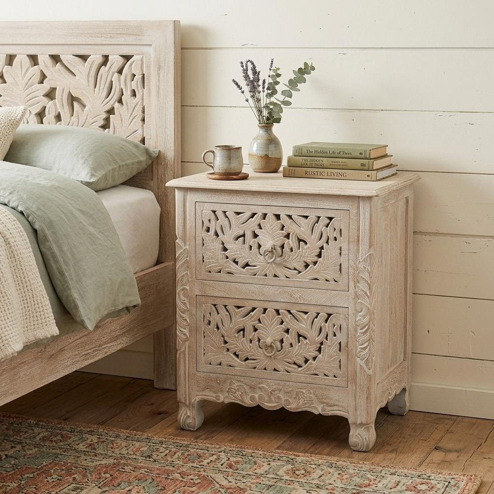 27" Black Solid Wood Square Distressed Carved Floral Two Drawer Nightstand HomeRoots