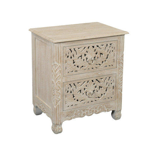 27" Black Solid Wood Square Distressed Carved Floral Two Drawer Nightstand