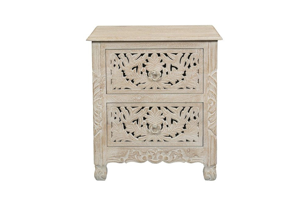 27" Black Solid Wood Square Distressed Carved Floral Two Drawer Nightstand — view 2