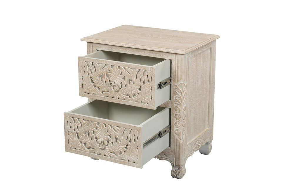 27" Gray Solid Wood Square Distressed Carved Floral Two Drawer Nightstand — view 3