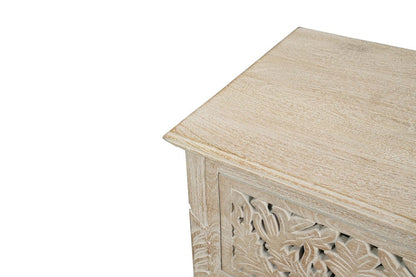 27" Gray Solid Wood Square Distressed Carved Floral Two Drawer Nightstand