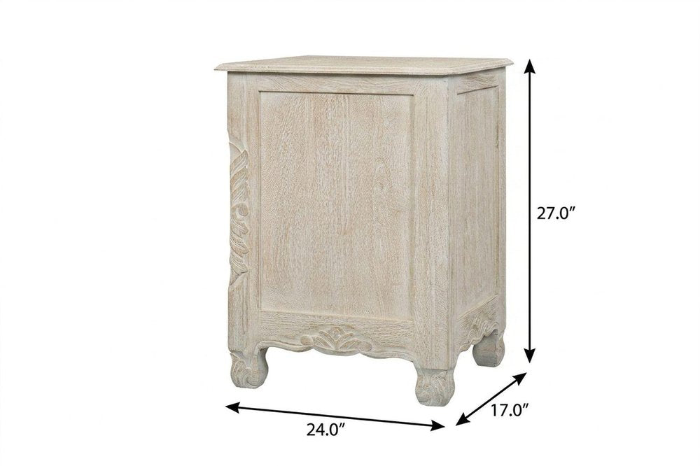 27" Gray Solid Wood Square Distressed Carved Floral Two Drawer Nightstand