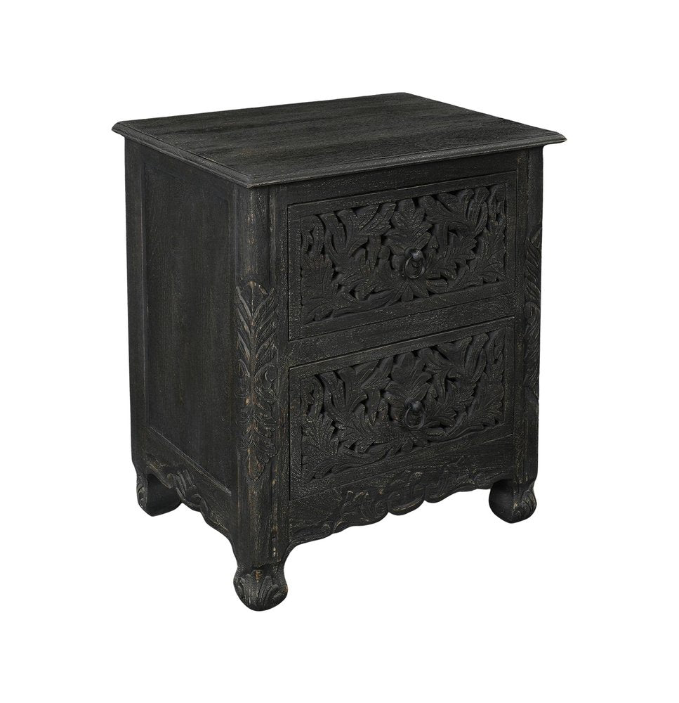 27" Gray Solid Wood Square Distressed Carved Floral Two Drawer Nightstand