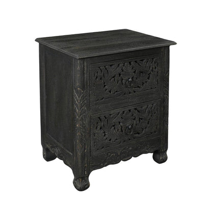 27" Black Solid Wood Square Distressed Carved Floral Two Drawer Nightstand HomeRoots