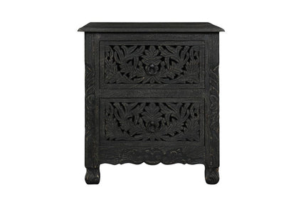 27" Black Solid Wood Square Distressed Carved Floral Two Drawer Nightstand HomeRoots