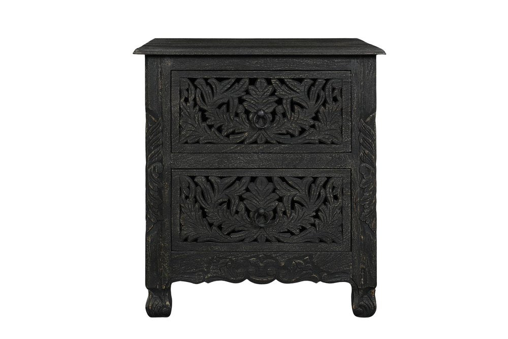 27" Gray Solid Wood Square Distressed Carved Floral Two Drawer Nightstand