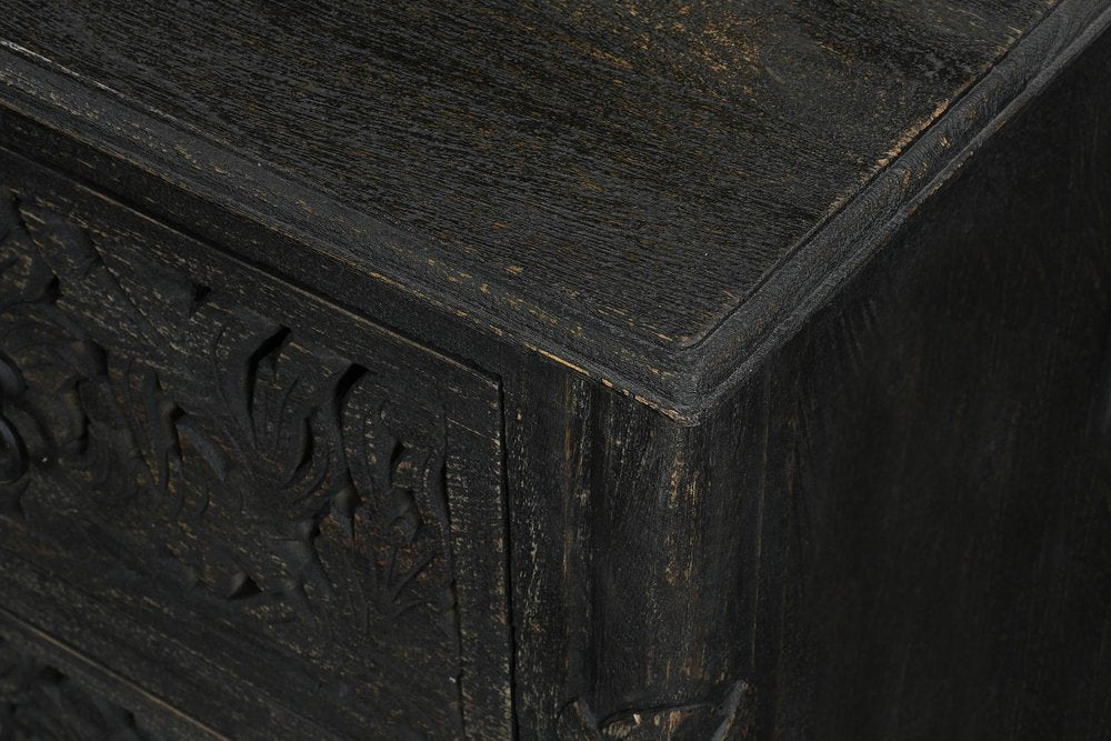 27" Black Solid Wood Square Distressed Carved Floral Two Drawer Nightstand HomeRoots
