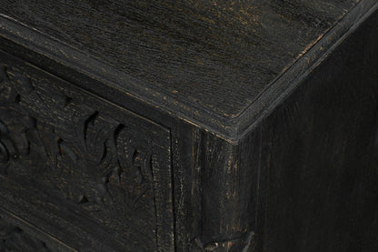 27" Black Solid Wood Square Distressed Carved Floral Two Drawer Nightstand HomeRoots