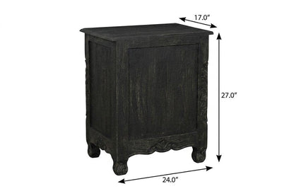 27" Black Solid Wood Square Distressed Carved Floral Two Drawer Nightstand HomeRoots