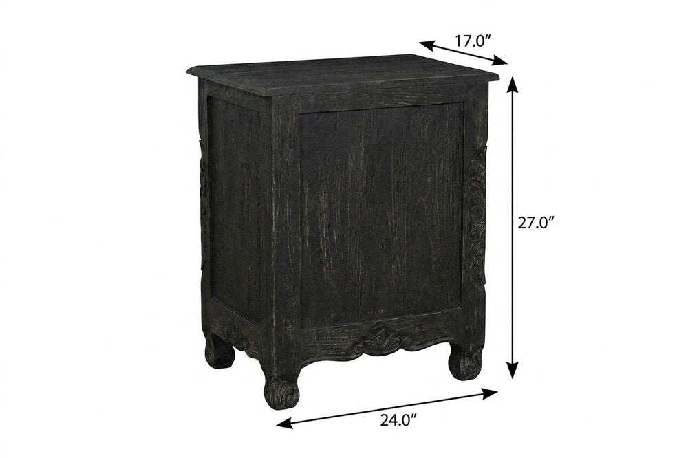 27" Gray Solid Wood Square Distressed Carved Floral Two Drawer Nightstand