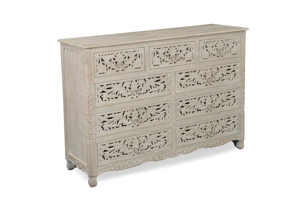 57" Black Carved Floral Solid Wood Nine Drawer Dresser HomeRoots