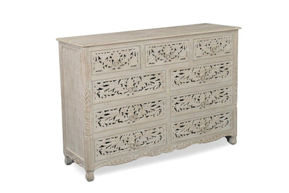 57" Black Carved Floral Solid Wood Nine Drawer Dresser HomeRoots