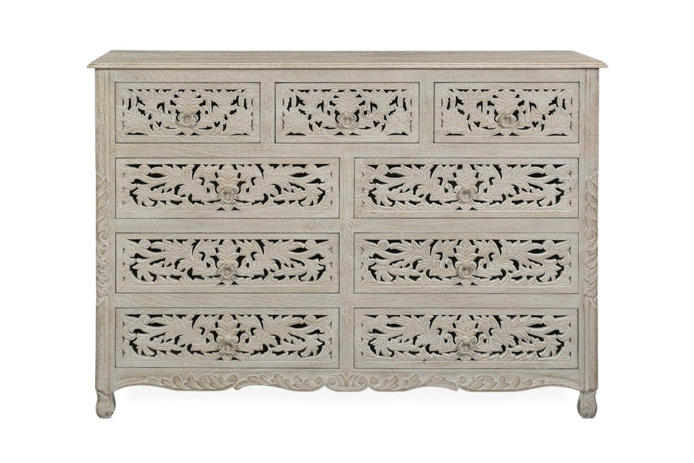 57" White Carved Floral Solid Wood Nine Drawer Dresser — view 2