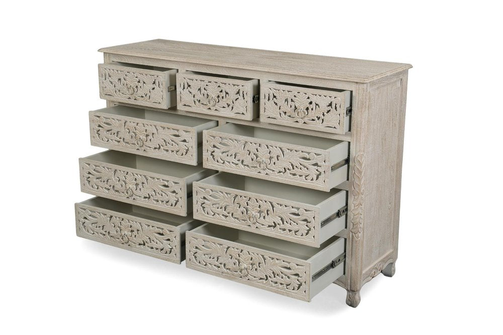 57" White Carved Floral Solid Wood Nine Drawer Dresser — view 3