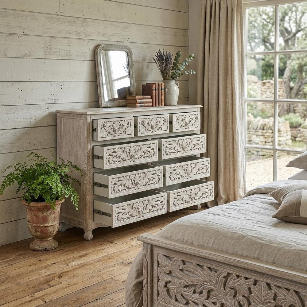 57" Black Carved Floral Solid Wood Nine Drawer Dresser HomeRoots