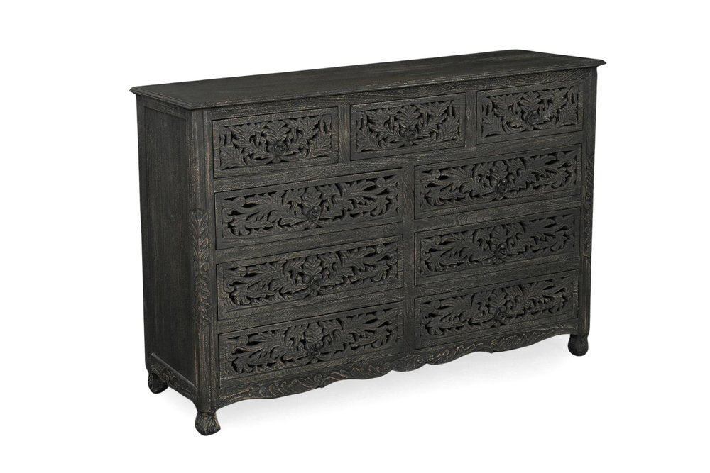 57" Black Carved Floral Solid Wood Nine Drawer Dresser HomeRoots