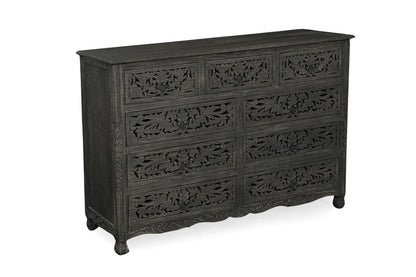 57" Black Carved Floral Solid Wood Nine Drawer Dresser HomeRoots
