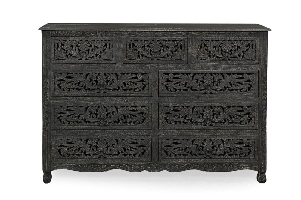 57" Black Carved Floral Solid Wood Nine Drawer Dresser — view 9