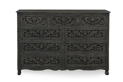 57" Black Carved Floral Solid Wood Nine Drawer Dresser HomeRoots