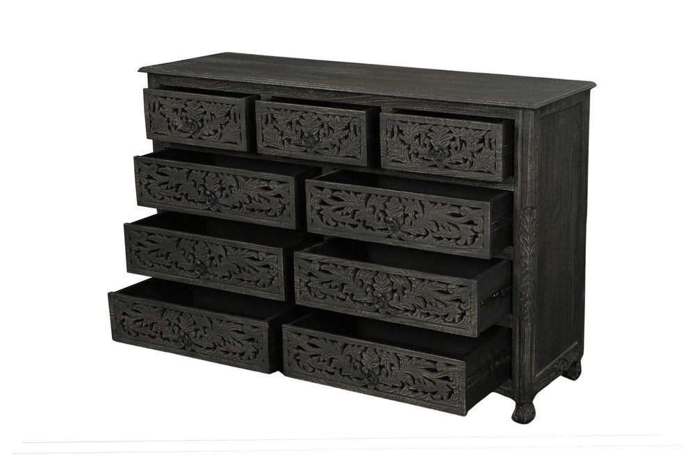 57" Black Carved Floral Solid Wood Nine Drawer Dresser — view 10