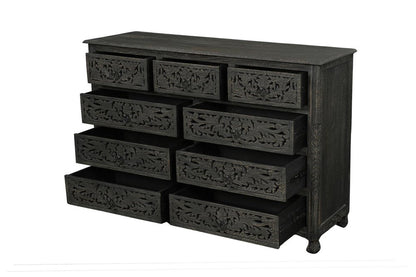 57" Black Carved Floral Solid Wood Nine Drawer Dresser HomeRoots
