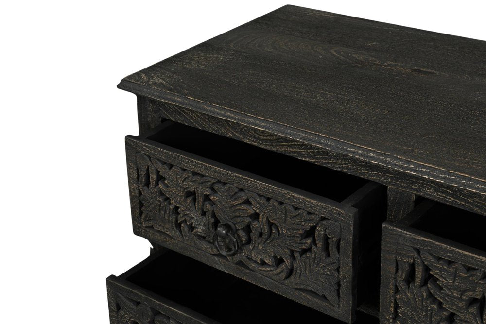 57" Black Carved Floral Solid Wood Nine Drawer Dresser HomeRoots