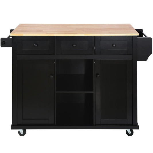 53" Brown and Black Wood Flat Door Rolling Kitchen Cart With Storage HomeRoots