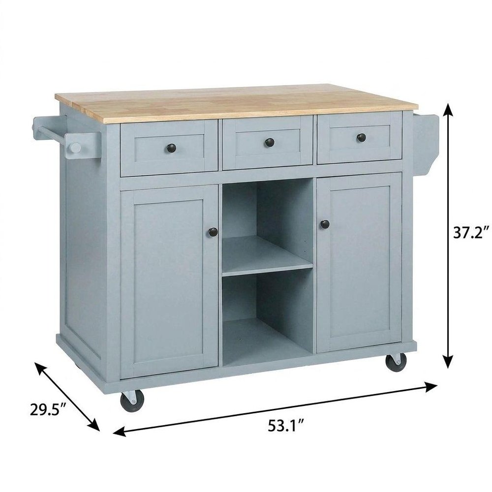 53" Brown and Blue Wood Flat Door Rolling Kitchen Cart With Storage — view 5