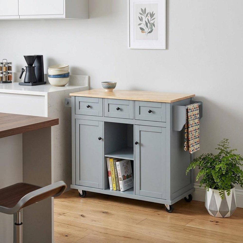 53" Brown and Blue Wood Flat Door Rolling Kitchen Cart With Storage — view 6