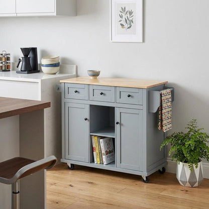 53" Brown and Blue Wood Flat Door Rolling Kitchen Cart With Storage
