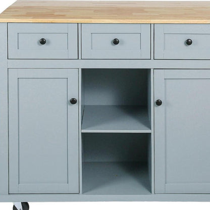 53" Brown and Blue Wood Flat Door Rolling Kitchen Cart With Storage