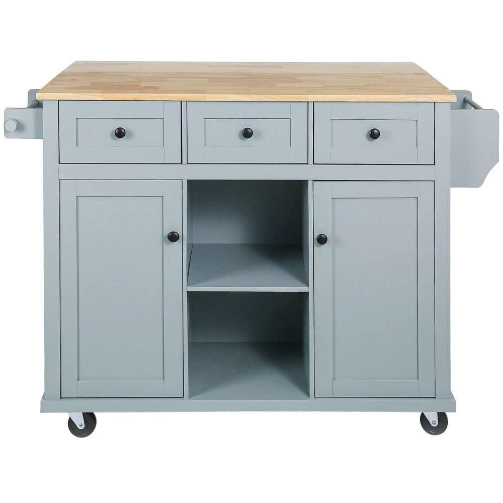 53" Brown and Blue Wood Flat Door Rolling Kitchen Cart With Storage — view 1