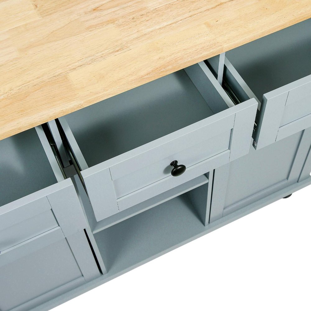 53" Brown and Blue Wood Flat Door Rolling Kitchen Cart With Storage — view 2