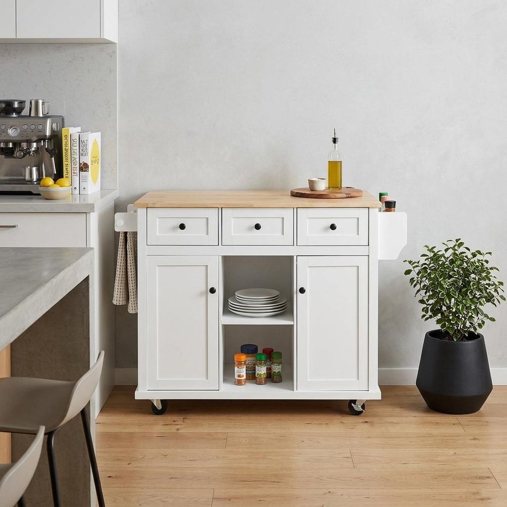 53" Brown and White Wood Flat Door Rolling Kitchen Cart With Storage — view 6