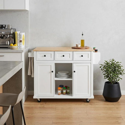 53" Brown and White Wood Flat Door Rolling Kitchen Cart With Storage HomeRoots