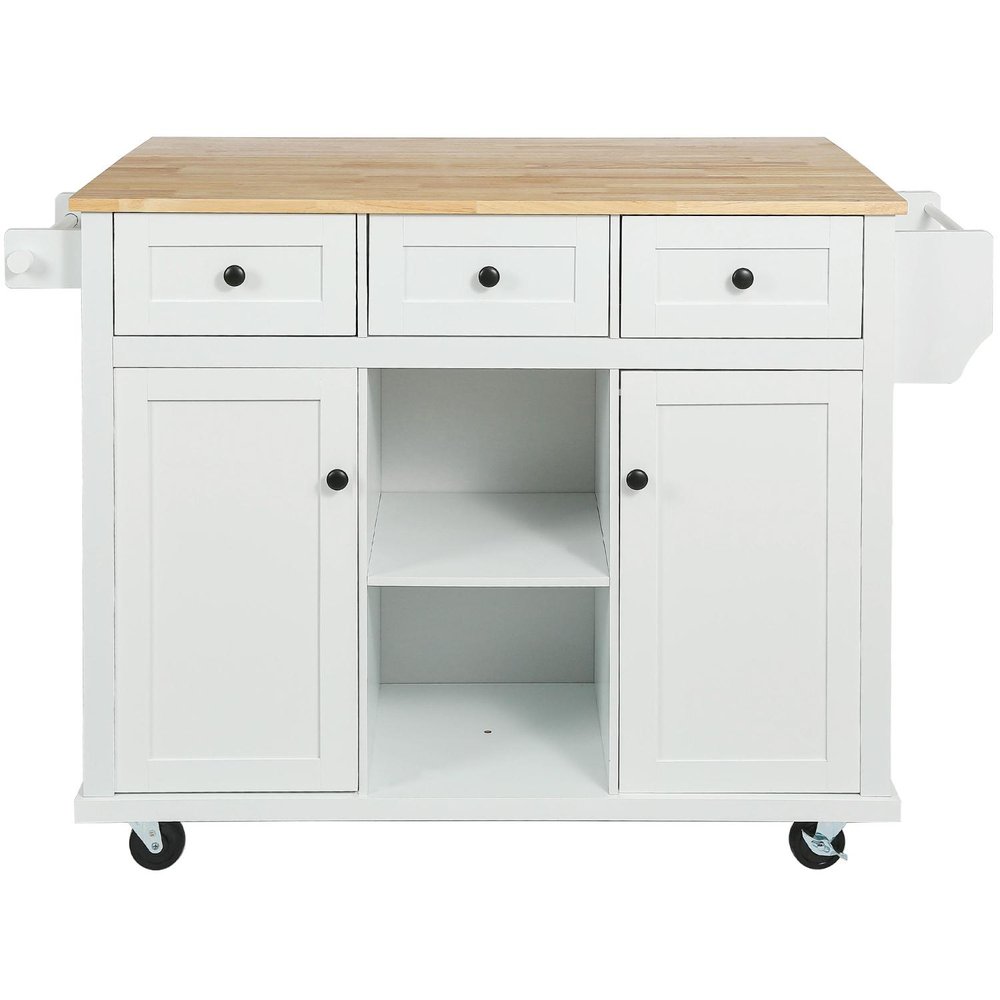 53" Brown and White Wood Flat Door Rolling Kitchen Cart With Storage HomeRoots