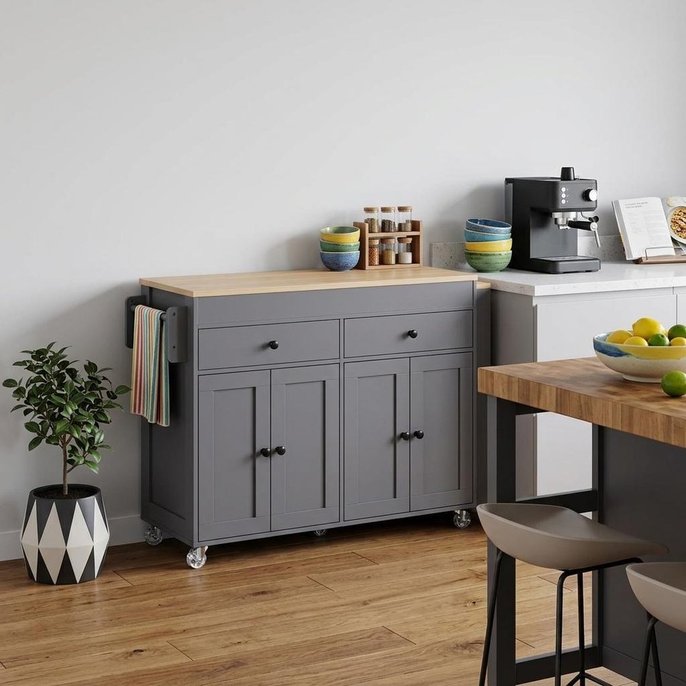 51" Brown and Gray Wood Flat Door Rolling Kitchen Cart HomeRoots